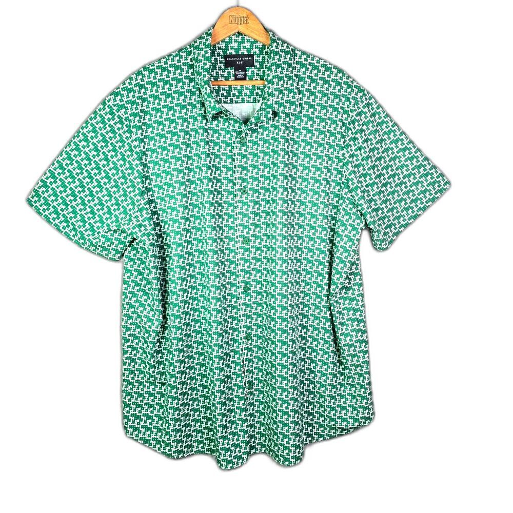 Shaquille ONeal Mens Button Down 2XL Green Geometric Print Short Sleeve Stretch